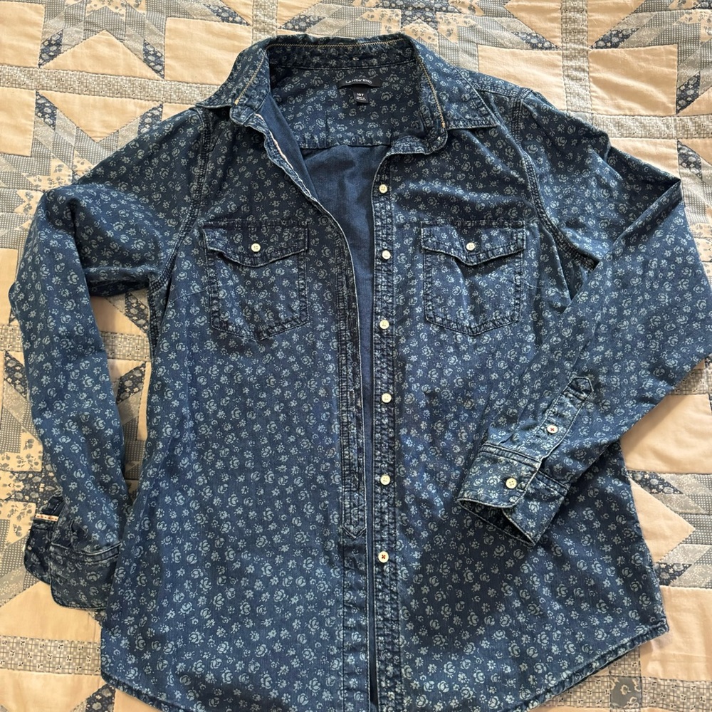 Tall Chambray denim floral print button up top Lands' End